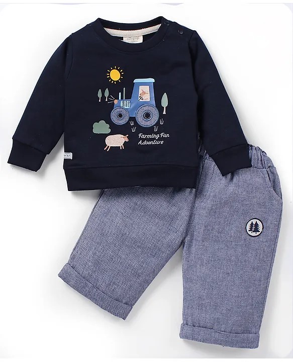 Ollypop Cotton Knit Full Sleeves T-Shirt & Pant Set with Tractor Print - Navy Blue